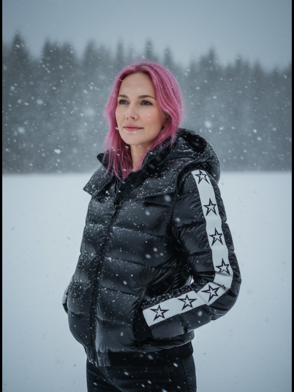Perfect Moment Black Shiny Ski Puffer Jacket with White Star-Trim Sleeves